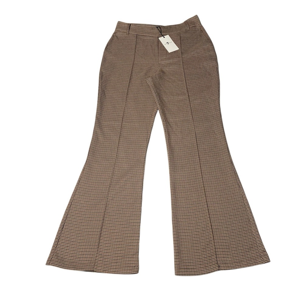 7 For All Mankind Women's 8 Hi-Rise Flare Pants Brown Houndstooth Seamed Front